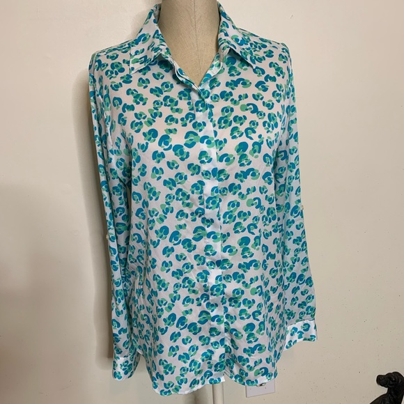 Ann Taylor Tops - Ann Taylor Silky Aqua White Print Career Blouse